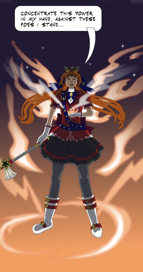 Image description: Part of a webtoon episode. It shows a full-body panel of Renegade Threat Level Red Alert holding a magic crystal in her left hand and her weapon in her right hand. She closed her eyes and focused her intent; streams of orange magical energy surround her. She says 'Concentrate this power in my hand, against these foes I stand...' The panel is mostly shaded except for her pigtails