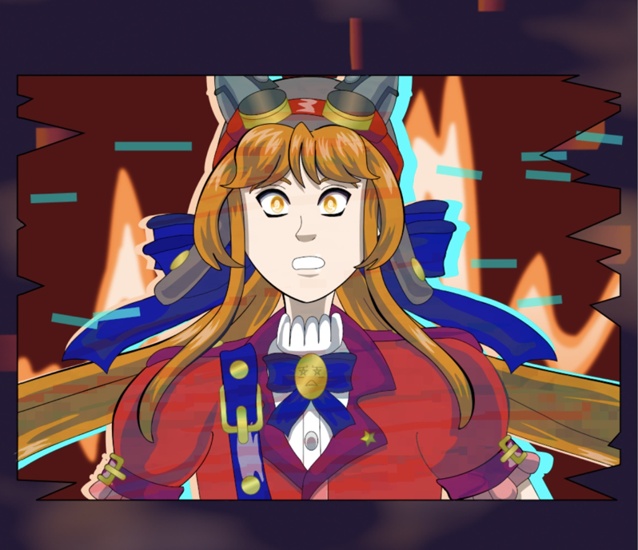 Image description: Part of a webtoon episode. The panel in the middle has distorted and jagged edges. A close-up of Renegade Threat Level Red Alert showing that her eyes are glowing bright orange and she looks surprised with a glitchy visuals in front and behind her.