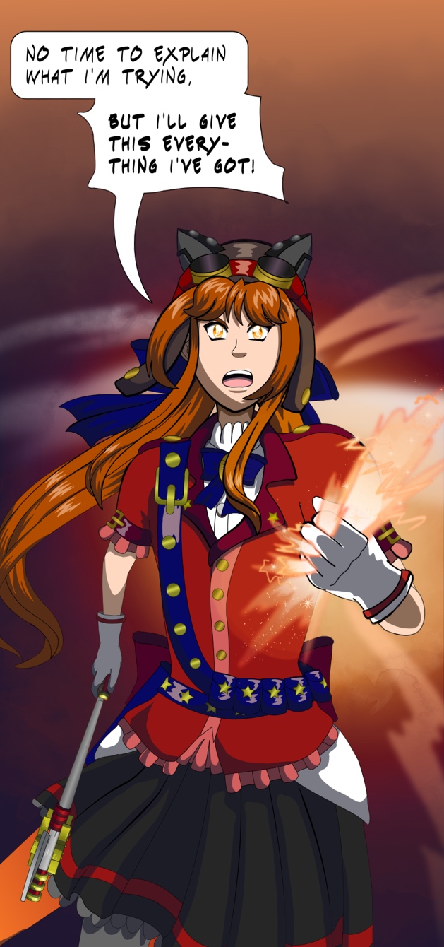 Image description: An Inkscape screenshot showing part of a webtoon episode. Renegade Threat Level Red Alert holds her weapon in her right hand and holds a magic superconductor crystal in her left, and the crystal in her hand is glowing a bright orange. Red Alert says 'No time to explain what I'm trying, but I’ll give this everything I’ve got!'