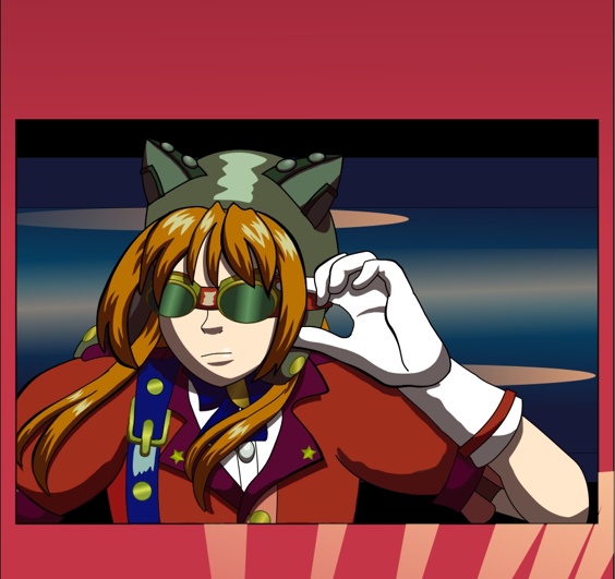 Image description: Part of a webtoon episode, and preview of episode 38. A close-up of Renegade Threat Level Red Alert as she’s flying in the sky, and adjusts her goggles so she’s wearing them over her eyes.