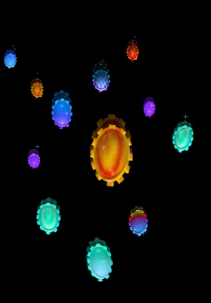 Image description: A 3D render of crystals that have an oval shape with gear teeth projecting out from the rim, giving the crystal a gear shape. Several of them are in different colors with linear or radial gradients, or checkerboard patterns on them. The render was edited in another program to paint in sparkles