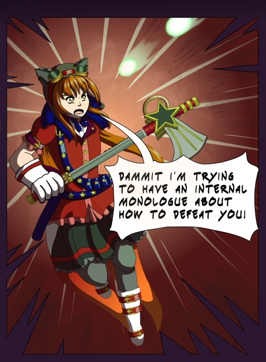 Image description: Part of a webtoon. A panel with jagged edges shows Renegade Threat Level Red Alert dodging an enemy blast and saying 'Dammit I'm trying to have an internal monologue about how to defeat you!'