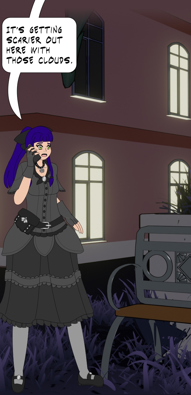 Image description: Part of a webtoon panel. A preview of episode 40 of Magical Renegades Anathema to Commonsense. Alicia is standing outside of the front of the hotel at night, and standing near a bench. She is wearing a gray and black goth-style dress with moth motifs; the bows and sleeves on her outfit resemble moth wings. She is talking with someone on her cellphone and is saying '...It's getting scarier out here with those clouds.'