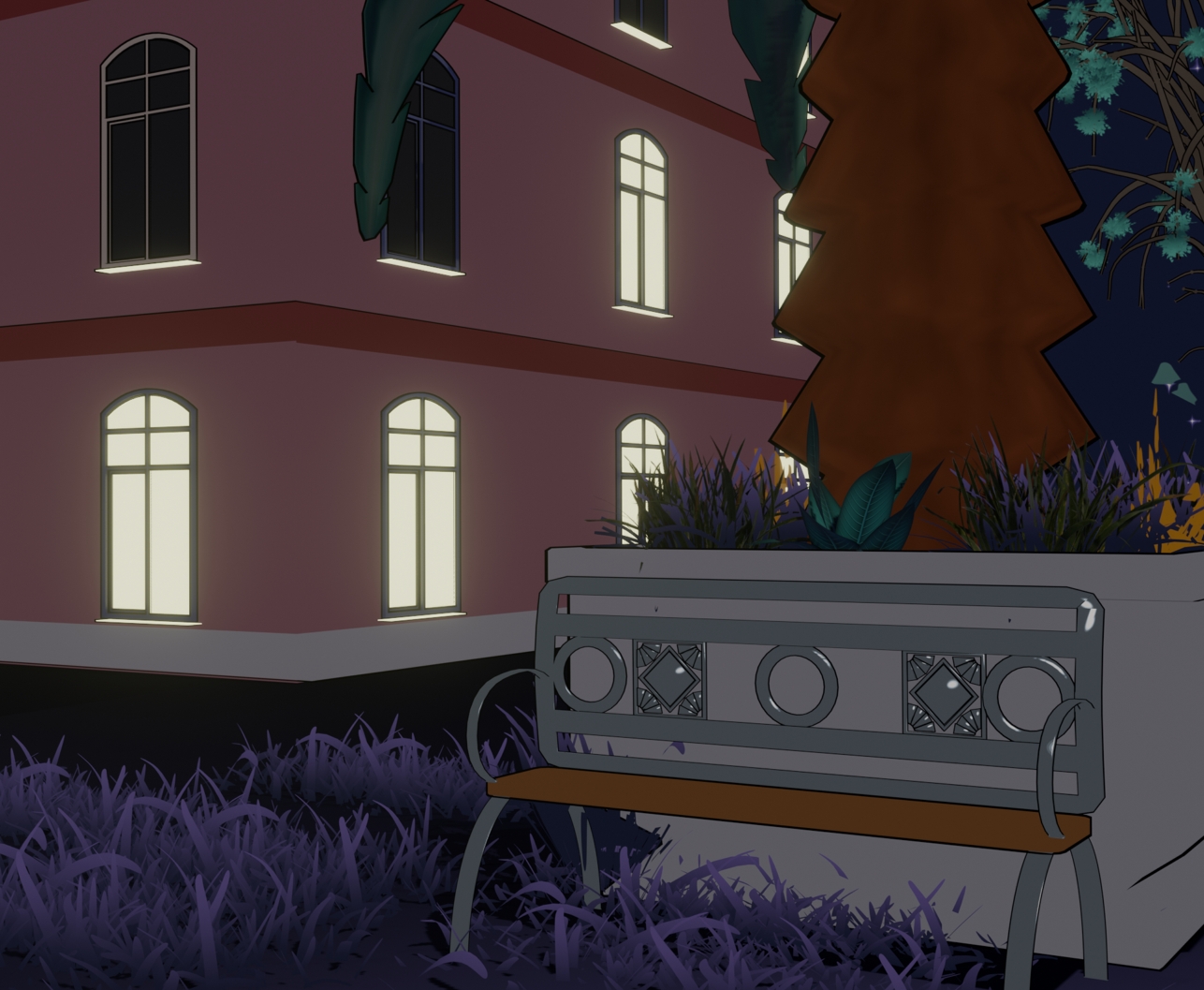 Image description: The full version of the background that was used in the panel featuring Alicia. A large planter with a palm tree surrounded by small plants sits to the side of the hotel. In front of the planter is an Art Deco-style bench.