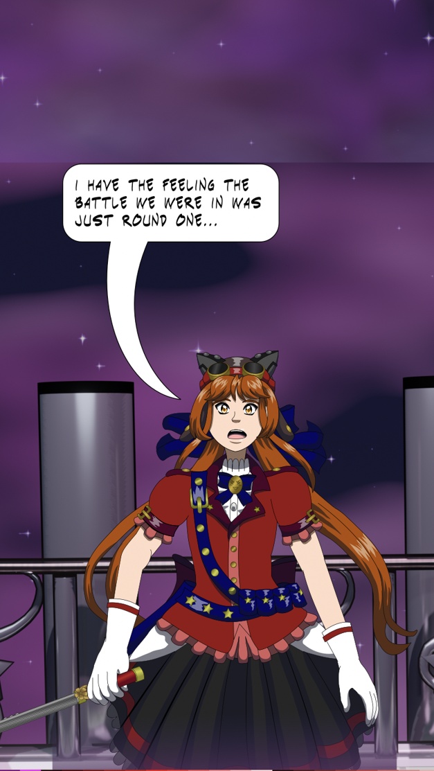 Image Description: Part of a webtoon episode. A preview of episode 40. Renegade Threat Level Red Alert is standing on a floating platform while the clouds in the background started to turn into a pinkish hue. Red Alert looks surprised or worried, and says 'I have the feeling the battle we were in was just round one...'