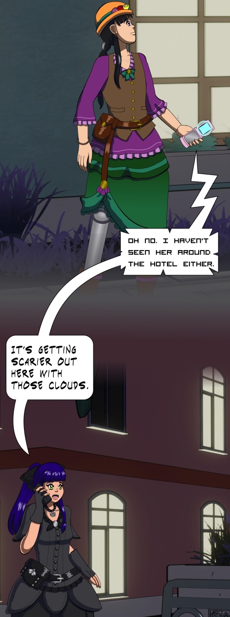 Image description: Part of a webtoon episode showing a conversation over the phone between Melody and Alicia, who are both outside at night. Melody is in front of a shop and Alicia is in front of the hotel. Alicia says over the phone 'Oh no. I haven’t seen her around the hotel either. It’s getting scarier out here with those clouds.'