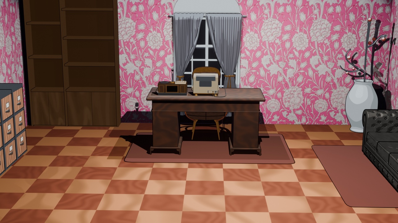 Image description: A render of a Victorian-inspired office that has an elegant pink and gray floral wallpaper, a professional-looking wooden desk, wooden bookshelves and a black couch. A dark red rug is under the desk and another under the couch. The filing cabinets are metal with wood panels and have an industrial look. In a wall corner, a metal sculpture that looks like a stylized plant with red glass ‘berries’ is another industrial design element. The floor is a hardwood floor with a checkerboard pattern. The desk has a computer terminal and a radio-like device with a microphone attached.