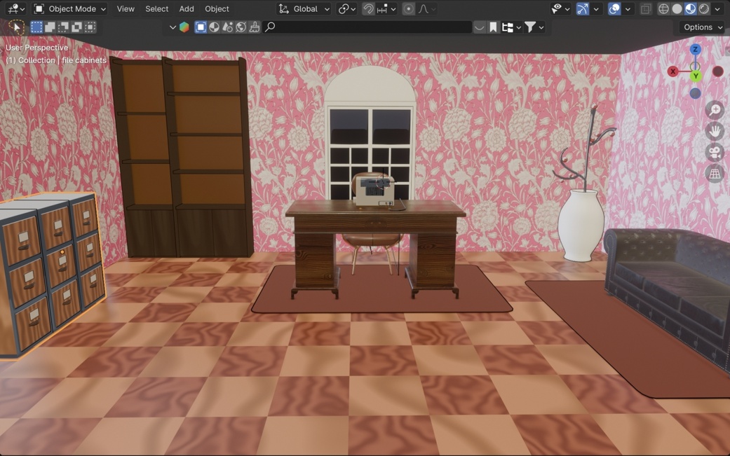 Image description: A screenshot of Blender showing part of a Victorian-inspired office room that has an elegant pink and gray floral wallpaper, a professional-looking wooden desk, wooden bookshelves and a black couch. A dark red rug is under the desk and another under the couch. The filing cabinets are metal with wood panels and have an industrial look. In a wall corner, a metal sculpture that looks like a stylized plant with red glass ‘berries’ is another industrial design element. The floor is a hardwood floor with a checkerboard pattern
