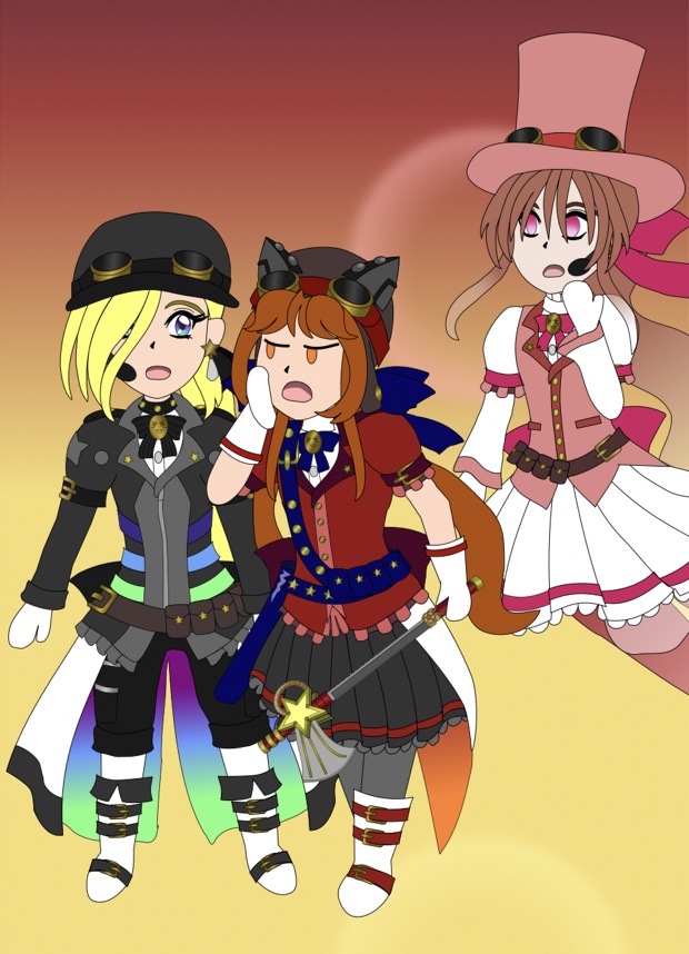 Image description: A panel from ep. 41 of Magical Renegades Anathema to Commonsense. Renegade Midnight Conductor, Renegade Threat Level Red Alert and Renegade Knockout Tango are in a chibi art style against a gradient background. Red Alert looks snarky and is whispering something to Midnight while Knockout looks curiously