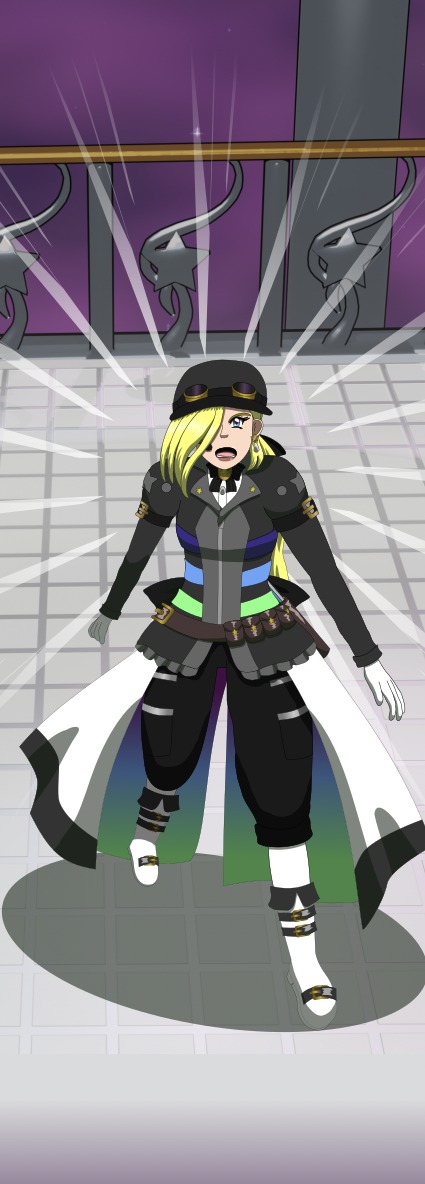 Image description: Part of a webtoon episode. A preview of episode 41 of Magical Renegades Anathema to Commonsense. It's of a high-angle shot of Renegade Midnight Conductor standing angrily and defiantly, looking up towards someone. She's standing on a floating platform with rails