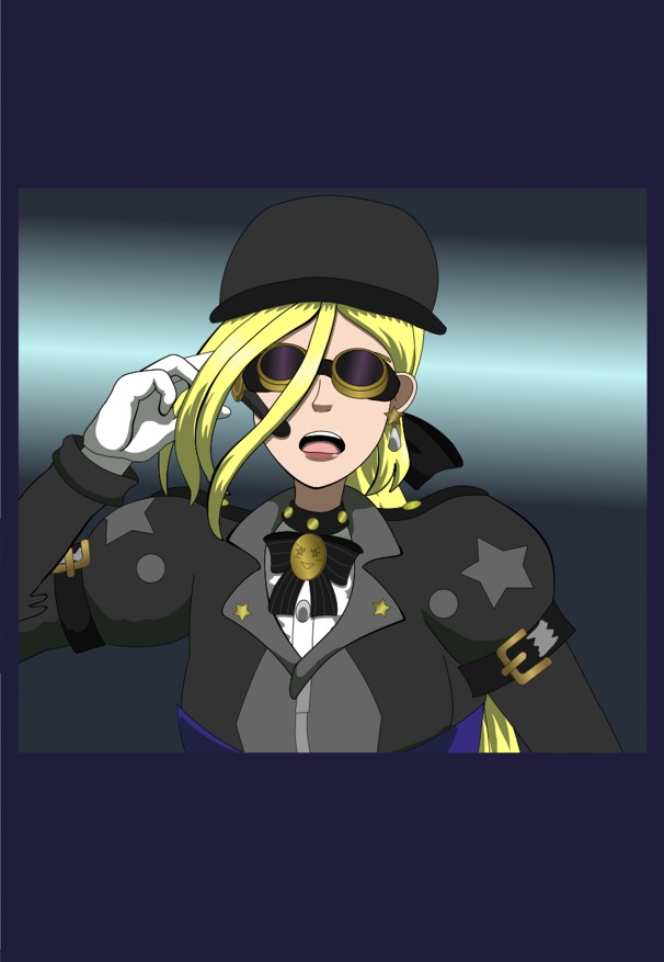 Image Description: A close-up panel of Renegade Midnight Conductor putting her goggles over her eyes while she appears to be saying something and has a serious expression
