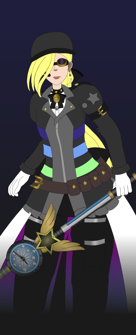 Image description: Part of a webtoon episode. A mostly unshaded panel of Renegade Midnight Conductor standing, wearing her goggles over her eyes. In her left hand she holds her weapon. She has an expression and pose that seem cautious as if she’s worrying whether her attack in the previous episode worked. The lights on her weapon are off aside from the star in the middle which is very dim