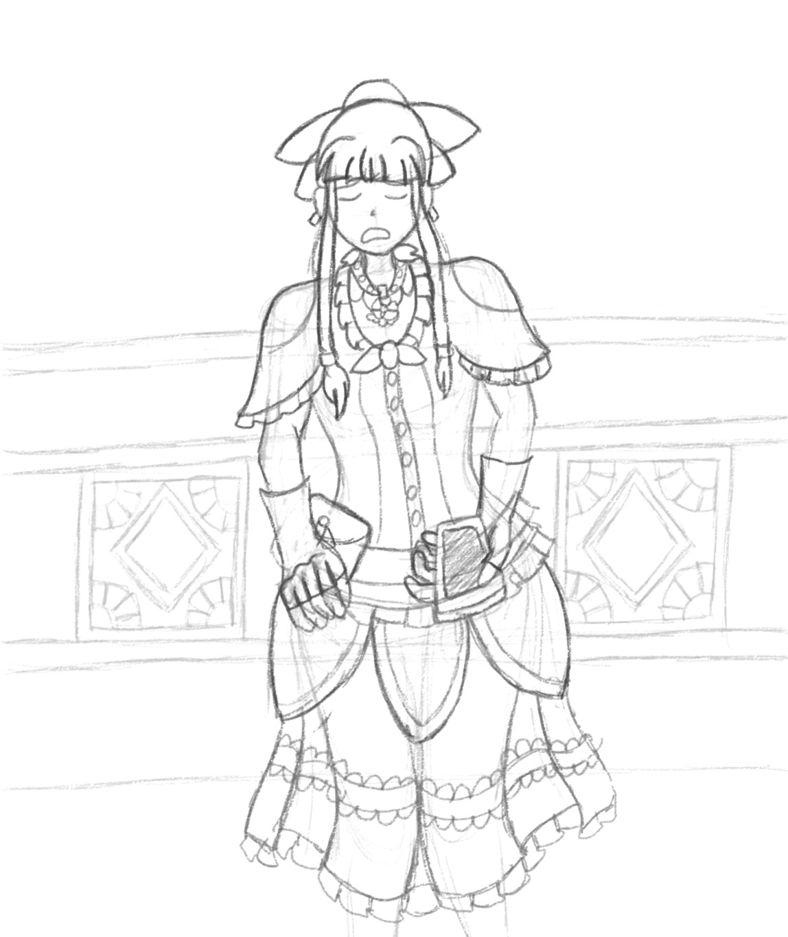 Image Description: A sketch of Alicia from Magical Renegades. She is wearing a frilly gothic dress that has moth elements to it. She is seated on an Art Deco-style bench, has a dejected expression on her face, and is slumped over slightly. In her left hand she is holding her phone.