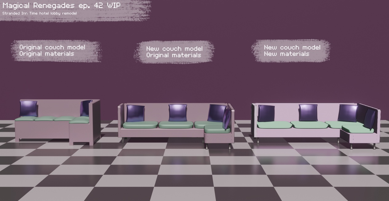 Image Description: A 3D render that shows three couches side by side. Each of them are light pink with light green cushions and metallic purple pillows.