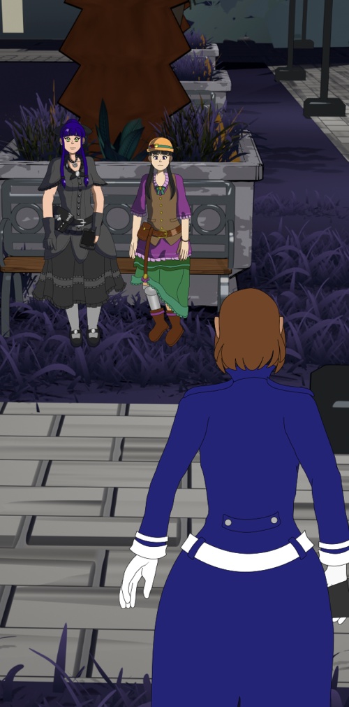 Image Description: An Inkscape screenshot that shows a WIP of a webtoon panel. The scene shows Alicia and Melody seated on a bench in the background while Camelia stands in front of them in the foreground several feet away. Camelia's expression can't be seen but Alicia and Melody look concerned