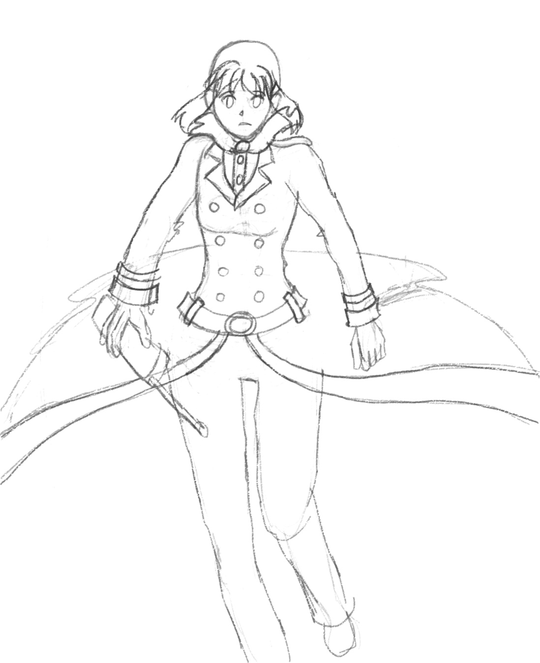 Image Description: A (mostly) full-body grayscale sketch of Camelia as she prepares to land on the ground