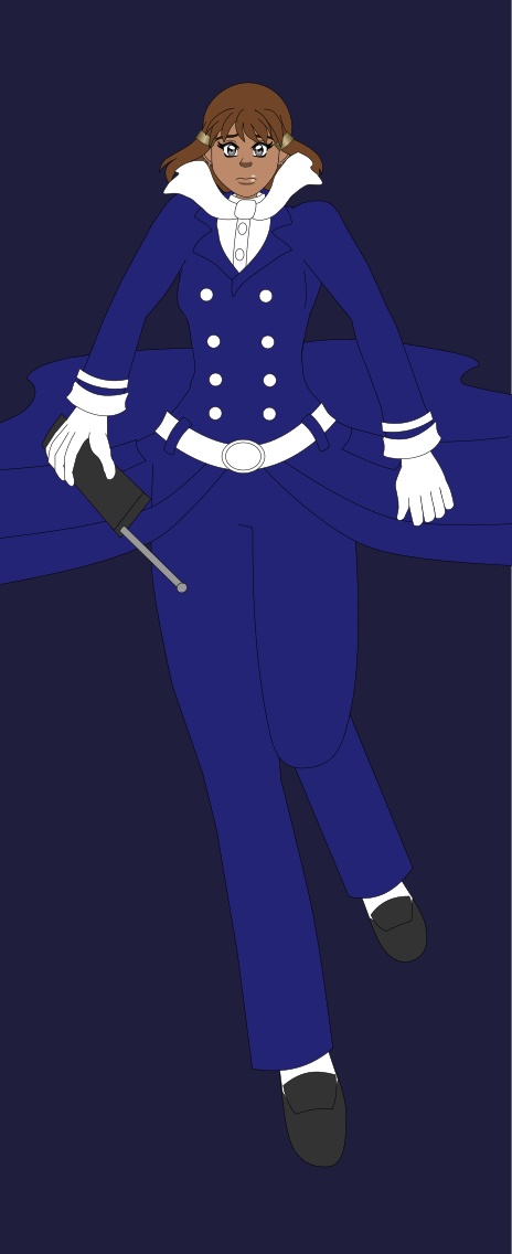 Image Description: A WIP of a panel showing a full-body sketch of Camelia as she prepares to land on the ground. It is an unshaded vector sketch with the base colors