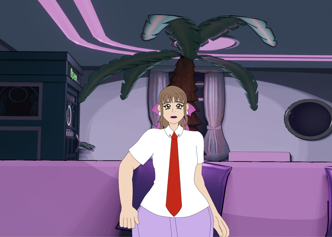 Image description: Image description: An unshaded vector drawing of Ella from Magical Renegades. She is seated on a pink couch with a metallic purple pillow visible. Behind her are a palm tree, a metallic teal phone booth, a window with silver metallic, sparkly curtains and a couple of windows along a light blue wall. Ella is looking up watching TV, and has a nervous expression