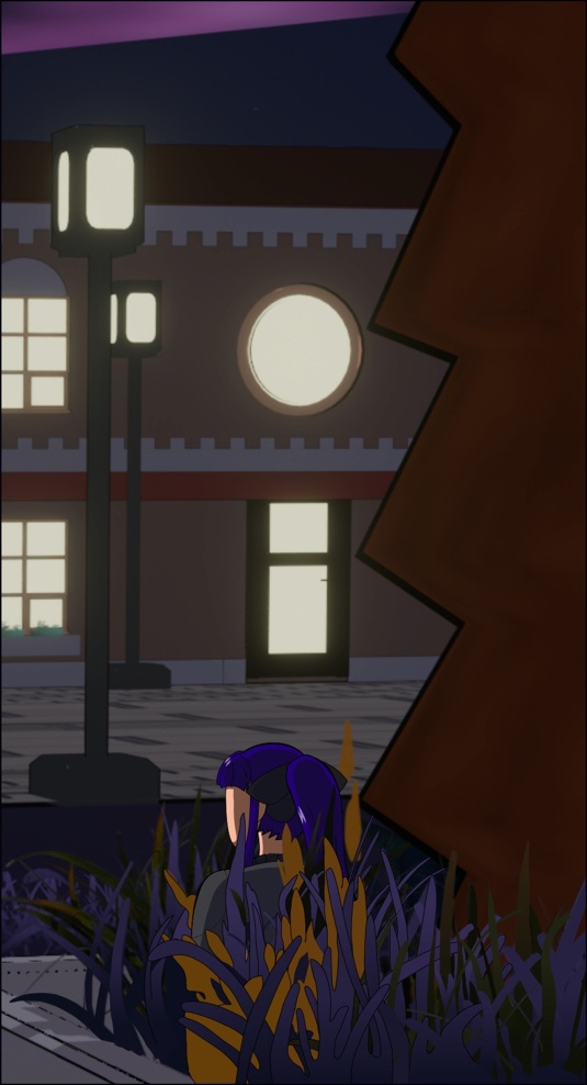 Image description: A panel from ep. 42 of Magical Renegades Anathema to Commonsense. It shows Alicia from the back view, seated on a bench at night. A building is in the background. Alicia is partly obscured by a large concrete planter that has a palm tree and colorful grasses in it