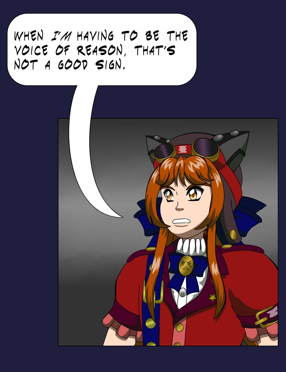 Image description: A panel of Renegade Threat Level Red Alert looking annoyed. She is saying 'When I'm having to be the voice of reason, that's not a good sign'