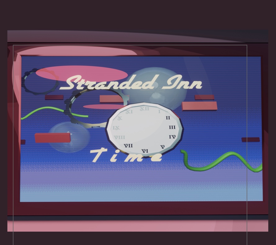 Image description: A panel from ep. 43 of Magical Renegades Anathema to Commonsense. The panel is a close-up of a TV which displays a frame from a title sequence of Stranded Inn Time's news segment. The logo is accompanied by a low-polygon render of a clock along with low-polygon renders of a few gears. In the background which is a pixelated blue gradient are glass spheres, and red rectangular prism shapes and green abstract shapes floating around