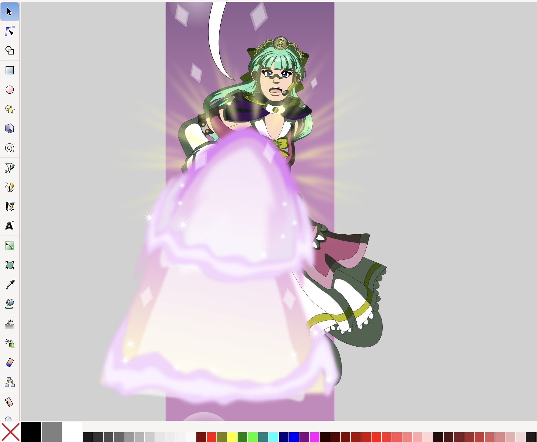 Image Description: An Inkscape screenshot showing part of a webtoon. In the panel, Legionnaire Princess fired a beam of magical energy that’s pink and yellow with sparkles and diamonds. She’s also shouting an incantation, though the incantation is just above the screenshot cutoff