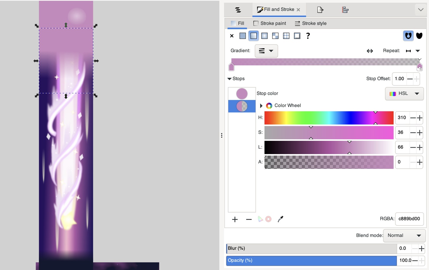 Image Description: Part of an Inkscape screenshot demonstrating the use of a gradient for scene transitions. On the left section is a long panel of a magical beam that trails down the panel with speed lines in the background. A rectangular path at the top of the beam is selected. The path has a vertical linear gradient with a top stop color that matches the background from the previous panel above and it fades to being transparent. The Fill and Stroke window is placed to the right of the workspace and shows the two stops that make up the gradient; the first stop at the top is at 100% opacity and the second stop is the same color but fades to 0% opacity.