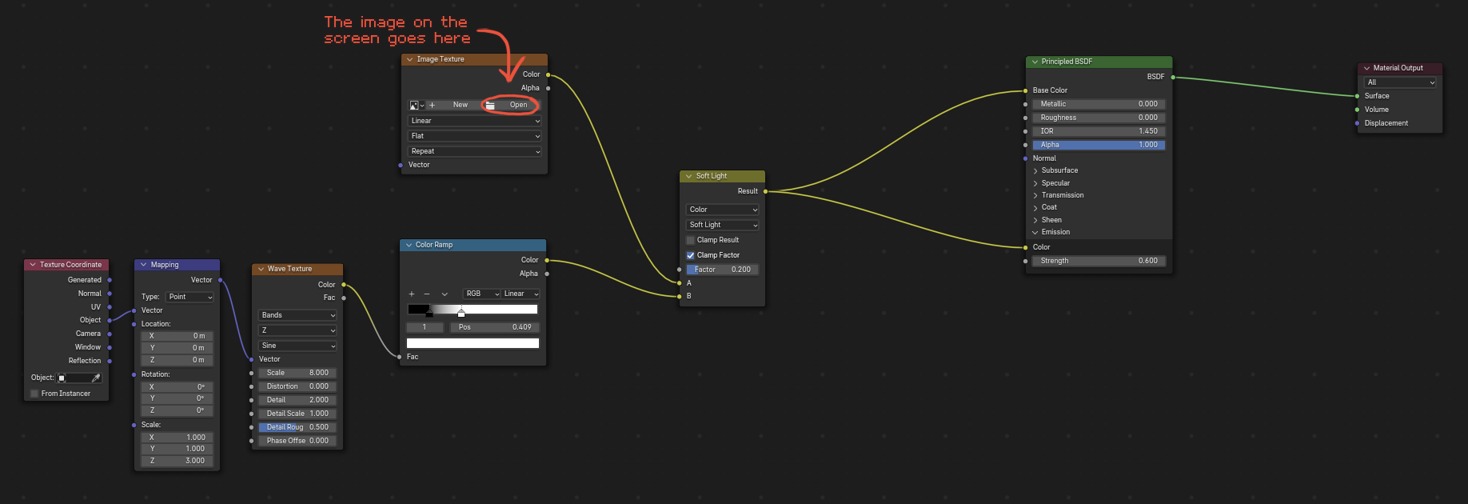 Image Description: A Blender screenshot of a shading node setup. From left to right, a Texture Coordinate node plus into a Mapping node which plugs into a Wave Texture node. The Wave Texture node is set to Bands, Z and Sine with a scale of 8.0 and no distortion. The color from this node plugs into a Color Ramp node with black and white. Above it is the Image Texture node. The color values from the Image Texture and Color Ramp node plug into a Mix Shader node which is set to Soft Light. The result of it plugs into the Base Color and Emission color of the Principled BSDF node