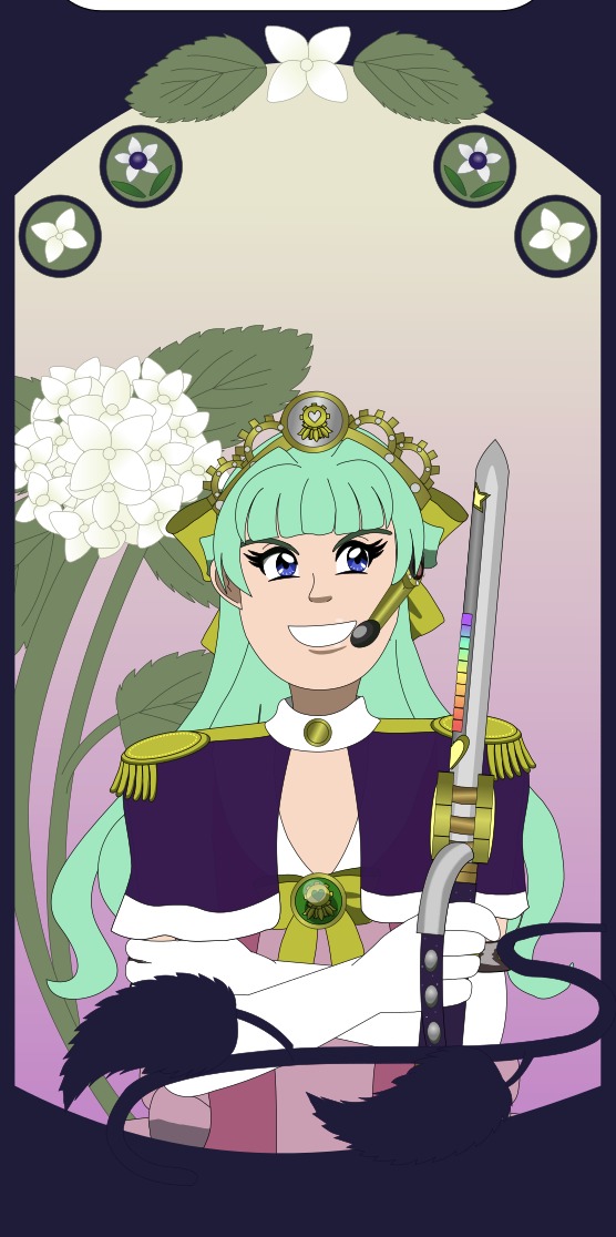 Image Description: An unshaded vector sketch of Legionnaire Princess looking smug, her head is tilted at an angle that emphasizes her arrogant expression and suggests that she’s literally looking down on someone. The panel has white hydrangeas in the background and other Art Nouveau design elements such as a curved path of negative space cutting through part of the panel and it has hydrangea leaves