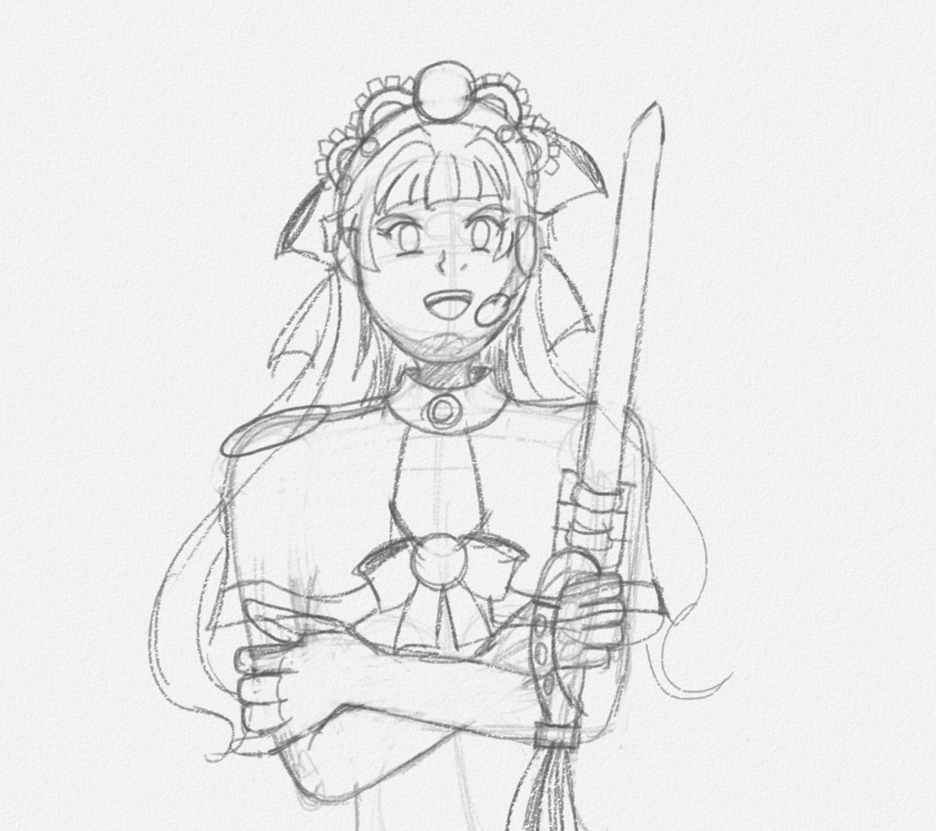 Image Description: A sketch of Legionnaire Princess looking smug, her head is tilted at an angle that emphasizes her arrogant expression and suggests that she’s literally looking down on someone. The sketch is in the style of a gray pencil drawing