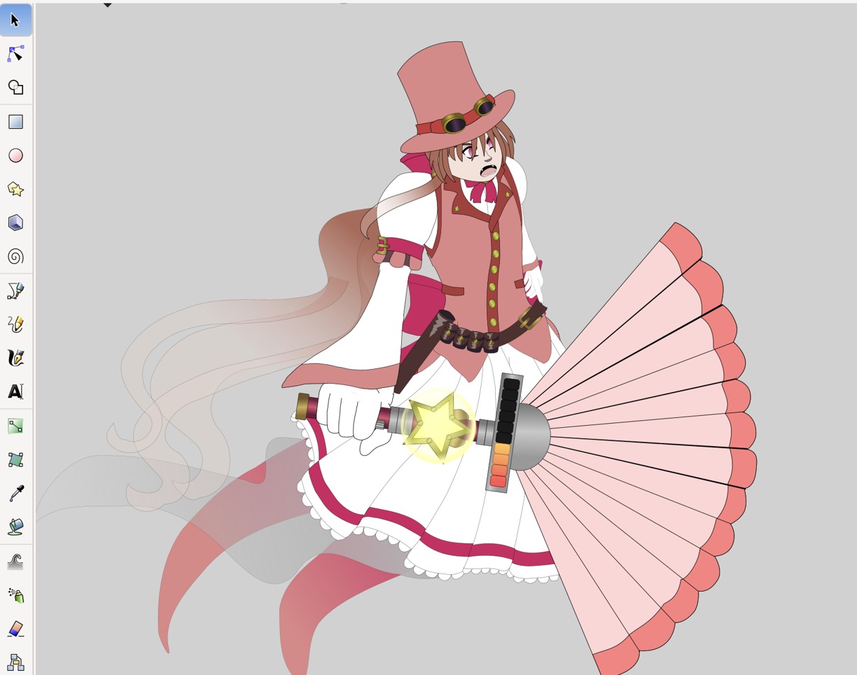 Image description: An Inkscape screenshot showing part of a panel of Renegade Knockout Tango. It is an unshaded vector sketch and shows Knockout at an angle where she’s looking to her left possibly talking to someone while she has her weapon in front of her, ready to deflect an attack