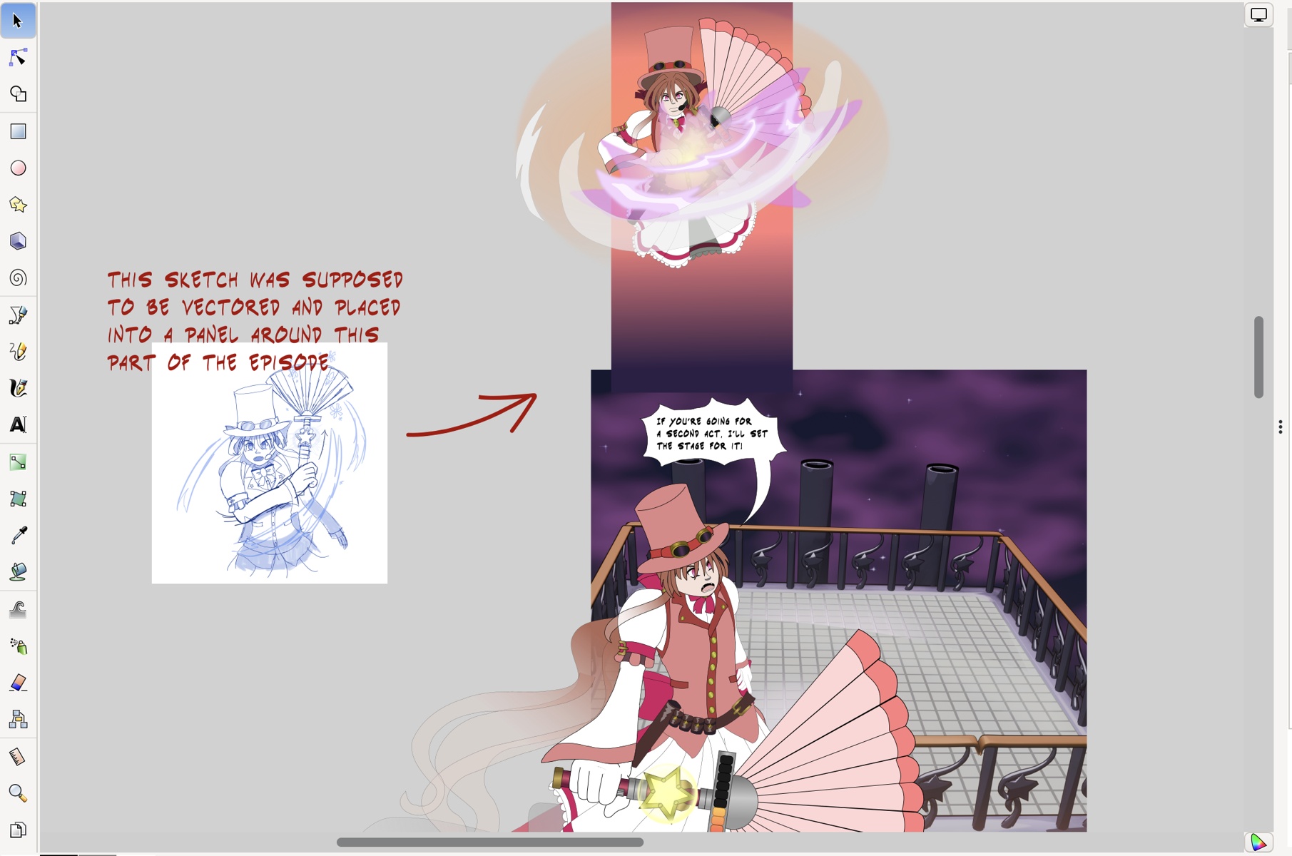 Image Description: An Inkscape screenshot showing part of a webtoon episode. The top part shows an unshaded panel of Renegade Knockout Tango who is using her weapon, a fan to deflect a magical blast. The next panel shows her at an angle looking at someone who will later be added to the scene. In that panel she’s saying 'If you’re going for a second act, I’ll set the stage for it!' To the side of the episode panels is a rough sketch of an earlier panel of Knockout waving her fan to charge an attack or deflect one. Next to it is red text with an arrow pointing to the other panels. The text reads 'This sketch was supposed to be vectored and placed into a panel around this part of the episode'