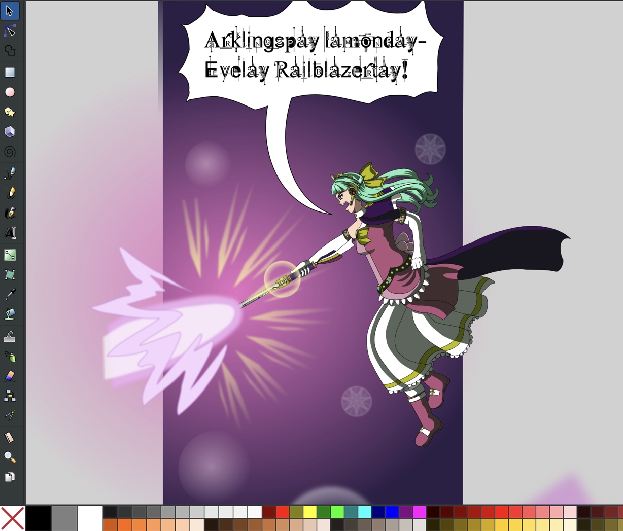 Image Description: An Inkscape screenshot showing Legionnaire Princess from the side view as she fires another of her attacks with the incantation 'Arklingspay Iamonday Evelay Railblazertay!'