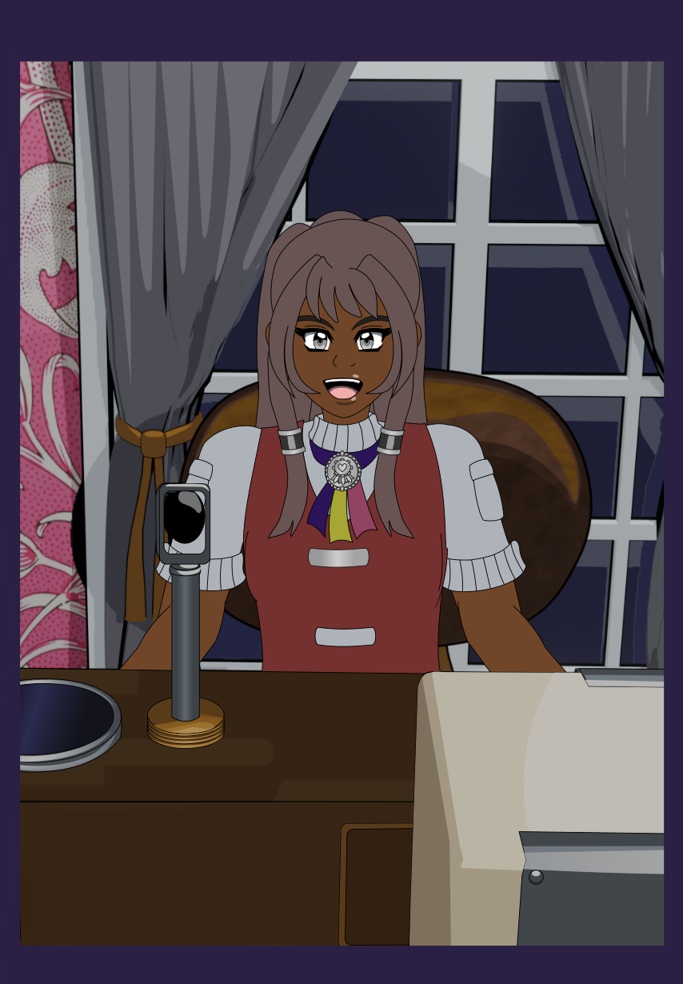 Image Description: A webtoon panel from ep. 44 of Magical Renegades Anathema to Commonsense. Monica is at her desk which has a magenta floral wallpaper with an elegant wooden desk, a leather chair with metal pieces, and a window with gray curtains. Near the bottom of the panel, the wall panels made of glass and metal can be seen.