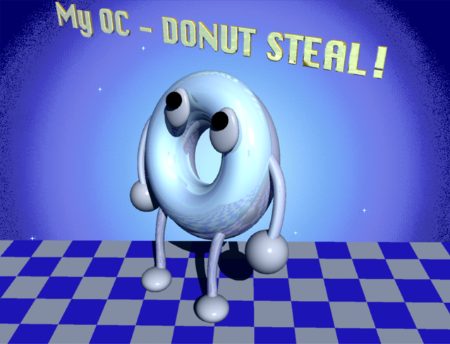A metallic donut with cartoony eyes and limbs stands in front of the camera, on a blue and white checkerboard floor. His body is steel, and his frosting is a light blue-ish aluminum. The caption 'My OC - DONUT STEAL!' appears above him, but he's actually going to be available under a CC-BY or CC0 license.