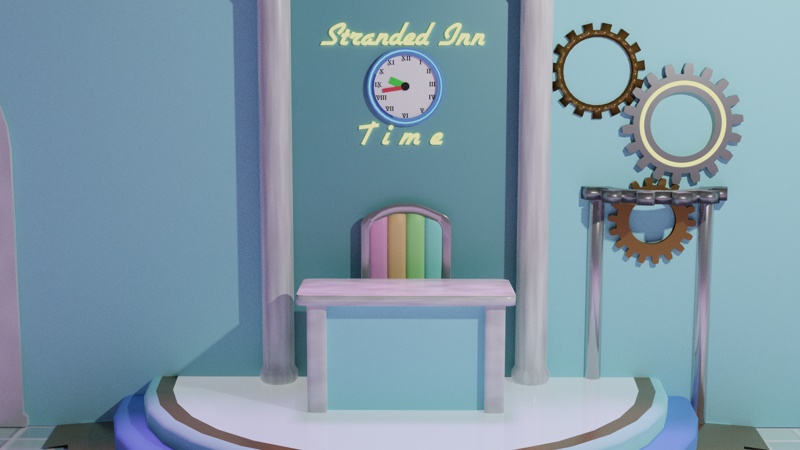 A render of the front desk of Stranded Inn Time. The walls are a light teal color, and the reception desk is flanked by a pair of polished marble columns and is on a raised platform. The chair is empty. Above the chair are a neon sign and a clock. Pink lighting illuminates the hotel