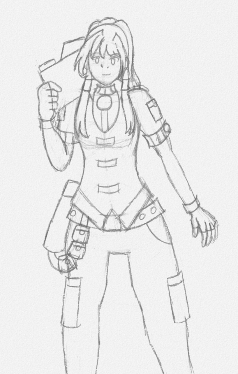 Image description: A concept sketch of Monica's redesigned outfit. It is a digital pencil sketch with gray outlines. Monica is wearing a short-sleeved shirt with a high collar and over it she wears a vest. She wears slacks and her outfit is intended to look steampunk with a cyberpunk twist to it