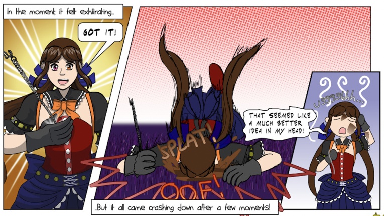 Image description: 3 panels from the previous comic version. The panel on the left of Katt catching the pocketwatch was kept for the episode but the other two panels of her falling into a mud puddle were removed.