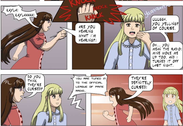 Image description: A comparison between a scene from the previous comic version with the new version. The comic page doesn't have a separate panel that shows the radio but the webtoon version does.