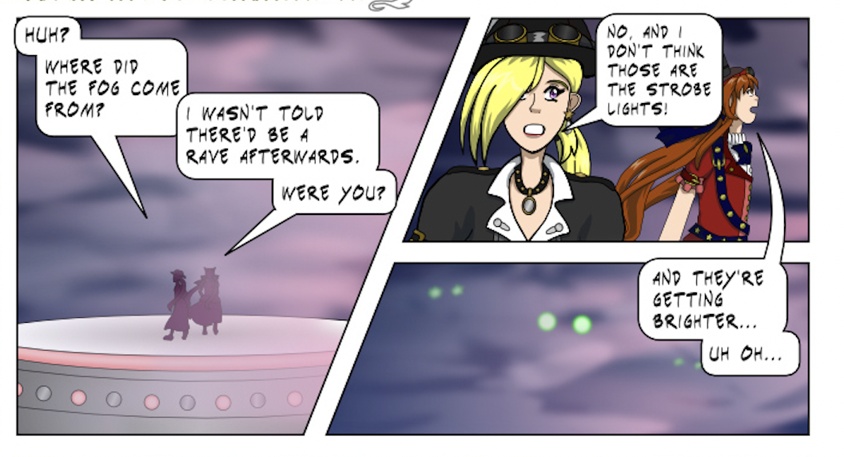 Image description: Part of a webcomic page. It shows three panels. On the first, Renegade Midnight Conductor and Renegade Threat Level Red Alert appear as silhouettes standing on a floating platform against a night sky that's covered with bright pink fog. In the first panel they say 'Huh? Where did the fog come from?' And 'I wasn't told there'd be a rave afterwards. Were you?'. The second panel shows a close-up of Midnight and Red Alert, looking worried, saying 'No, and I don't think those are the strobe lights!' And 'And they're getting brighter... Uh-oh'