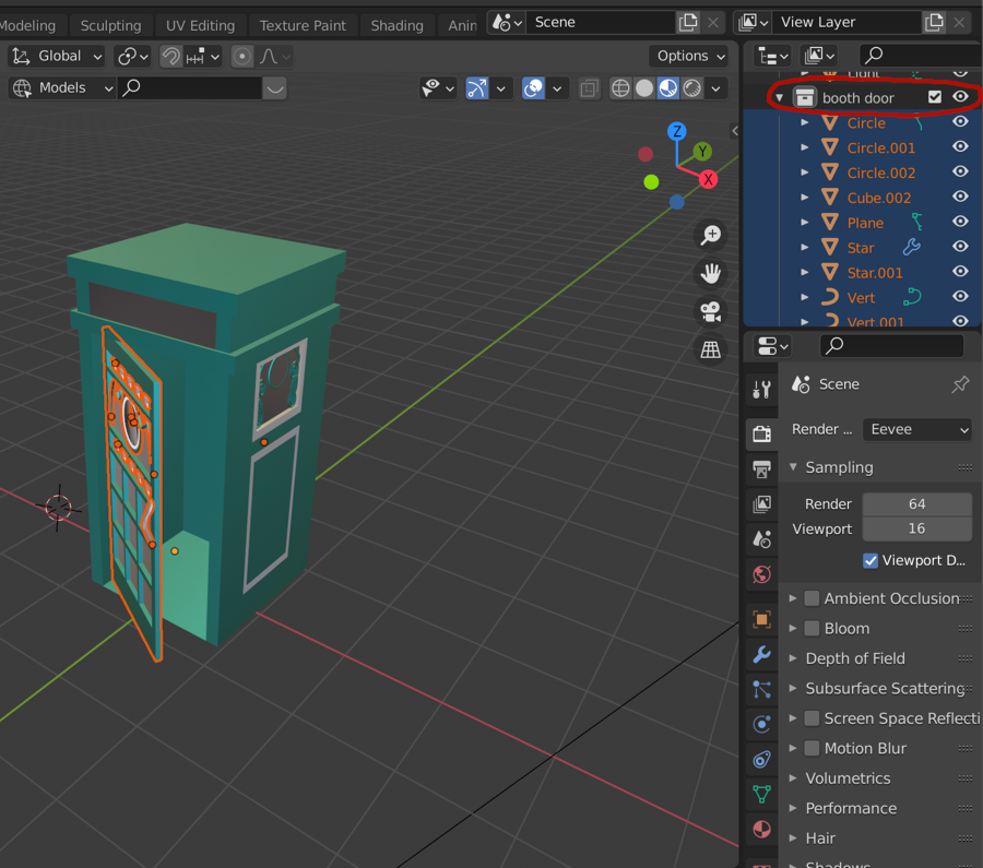 Image description: A screenshot of Blender in the Material Preview view that shows the door of the phone booth partially open. Each of the objects that make up the door were selected. To the right, the list of objects can be seen. All of the objects that make up the door are highlighted and under the 'booth door' collection, which is circled in red