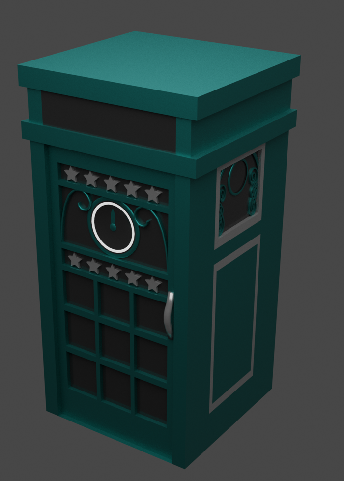 Image description: An isometric render of a phone booth, which is a metallic teal with black glass panels, silver trim and Art Nouveau-inspired decorations. The top half of the door has a pair of horizontal glass panels with a row of 5 silver stars in each of them. Between these panels is a taller front glass panel with a metal clock decoration in the middle. Curly decorations are on each side of the clock. On the  bottom half of the door is a metal lattice pattern that divides the glass into 3 rows of 3 panes. A smaller square window is on each side of the booth. The window on the right side is seen and also has a circle decoration surrounded by a pair of ornate decorations.