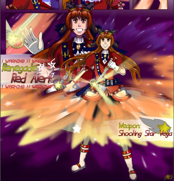 Image description: Part of a webcomic page, a full-body panel showing Renegade Threat Level Red Alert's outfit and weapon from the previous version. A few details on her outfit are different from her design in the webtoon