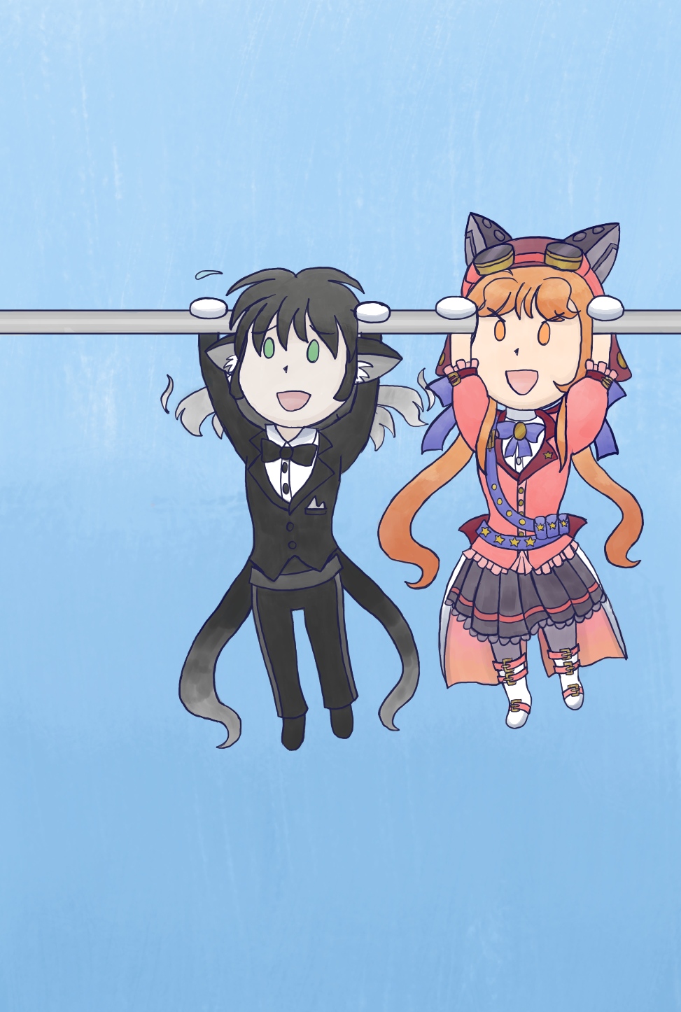 Image description: A pastel digital drawing of a pair of chibi-style characters hanging from a bar. Both of them have cat ears; the person on the left is a long-haired ghostly cat man in a tuxedo and is struggling to hold onto the bar; the person on the right is a woman with a fancy steampunk dress with mechanical cat ears poking through her hat. She has long hair in pigtails and is confidently holding onto the bar.