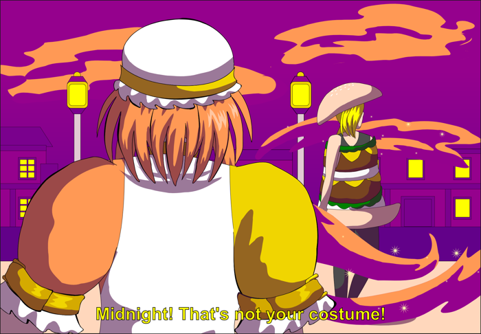 Image description: A digital art drawing for Huevember 2020. A stylized night scene in a city. The sky and buildings are purple with orange highlights in the clouds, and yellow lighting from the windows and streetlights. In the foreground an orange-haired woman wearing a frilly outfit. Her back faces the viewer. She had a white frilled hat with a yellow pair of goggles on it, and wears a white vest with a blouse that has an orange left sleeve and a yellow right sleeve. Both sleeves have gold belts with white frills. She is looking at her teammate, a blonde-haired woman who appears oblivious to the fact she’s wearing a cheeseburger costume instead fo her real mage outfit. The text at the bottom of the picture reads 'Midnight! That’s not your costume!'