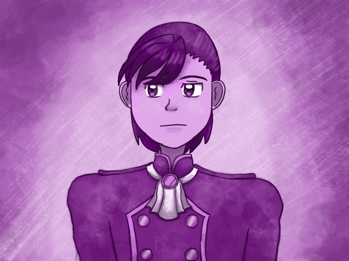 Image description: A purple monochromatic watercolor-style digital painting of a young man in a military uniform. The insignia shows that he is a beginner. He looks stern and displeased.