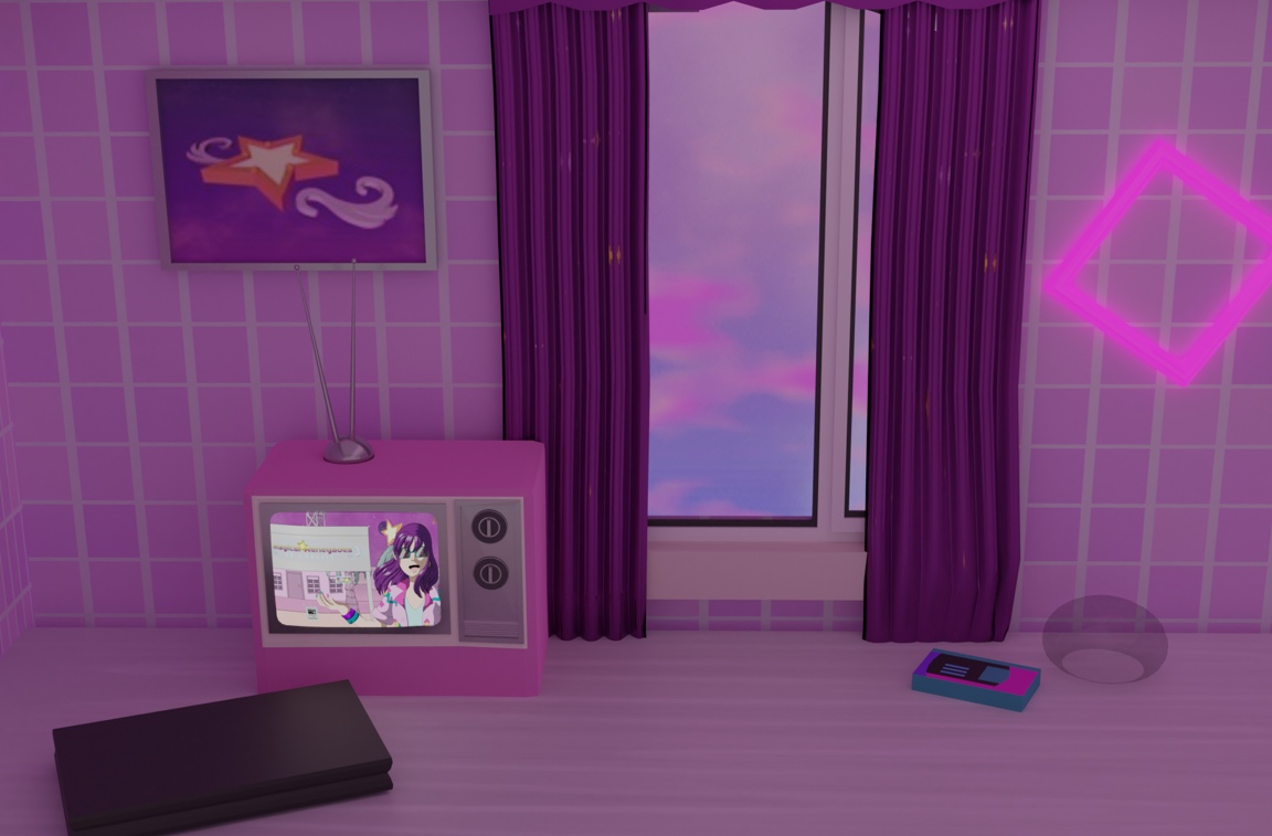 Image description: A 3D render of a vaporware-style room. The walls have light pink tiles, and a window with pink sparkly curtains. The curtains are drawn back to show a sunset and bright pink clouds. On the desk in front of the wall and window are an old TV, an old laptop, a cassette player with a colorful design, and a small decorative glass dome. A framed picture hangs to the left of the curtain, and a pink, diamond-shaped neon tube light hangs to the right.