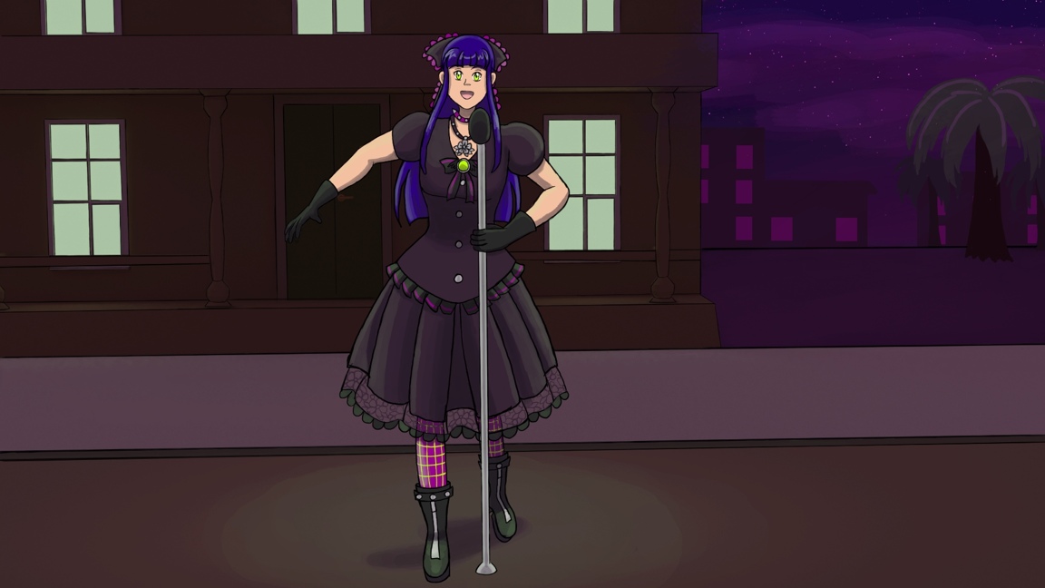 Image description: A digital drawing of a purple-haired woman with medium-length straight hair wearing a dark purple gothic dress with black ruffles and purpleish-magenta trim and black boots. She holds a microphone in one hand, and stands on a stage with green lighting at night. In the background is a Wild West-style saloon.