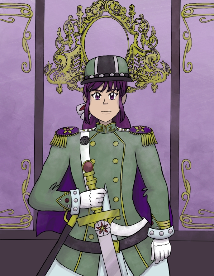 Image description: A watercolor-style digital painting of a stern-looking purple-haired woman in a military uniform. She stands against purple walls, wears a uniform that is green with gold trim with black and gray decorations and a white sash. In one hand she brandishes a greatsword that has a golden hilt and a box rose motif at the base of the blade.