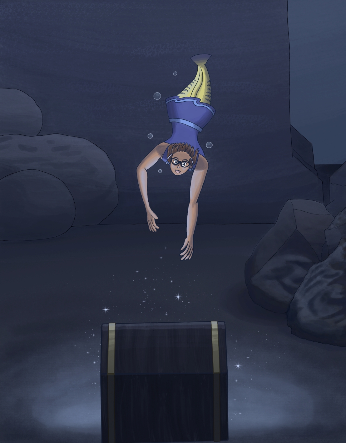 Image description: A digital painting of a mermaid wearing a blue early 20th century-style swimsuit. She wears a masquerade-style mask and has a yellow fish tail. She is reaching towards an open treasure chest that emits a blue light and sparkles. Behind her are tall underwater rock formations. 